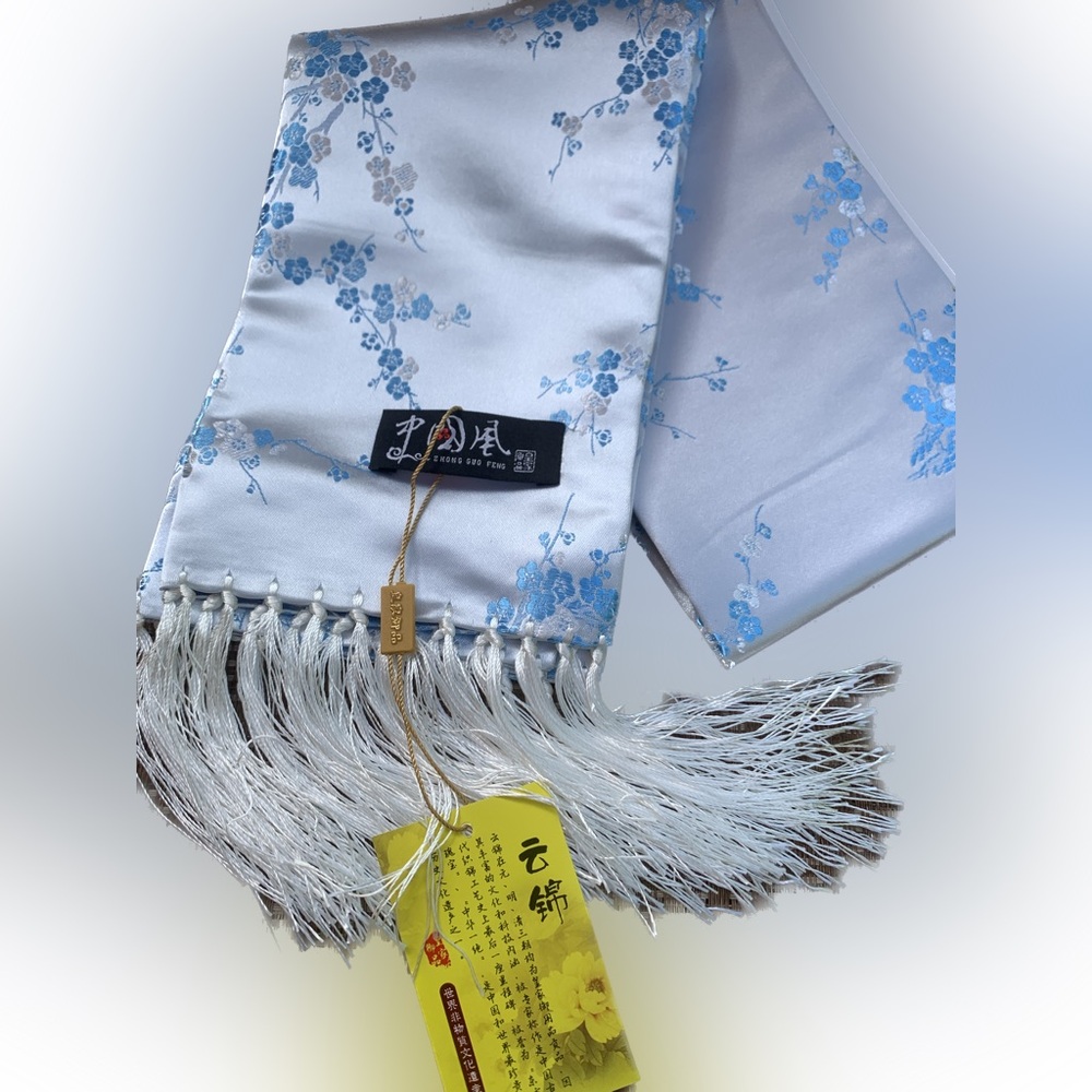 Silky light blue floral scarf with white tassels NWT